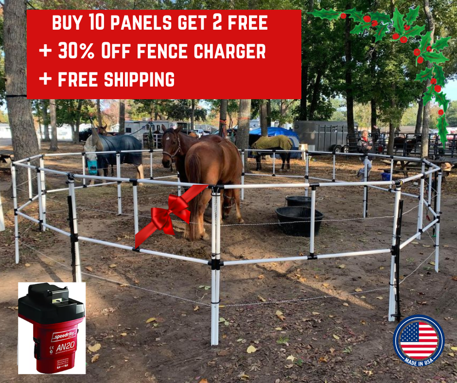 Ready Made Portable Electric Horse Corral Fencing: (Electric EconoLine 10+2=12 Panels; 2 Rails)
