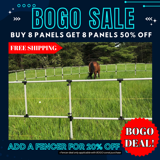 BOGO Ready Made Portable Electric Horse Corral Fencing: (Electric EconoLine 8x2 = 16Panels; 2 Rails)