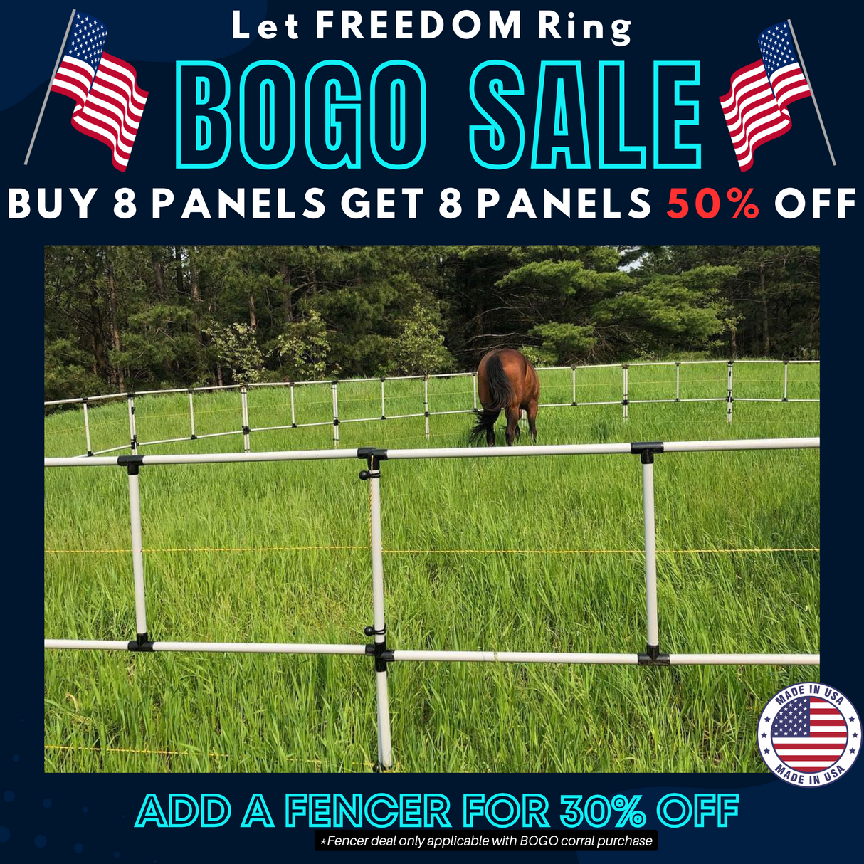BOGO Ready Made Portable Electric Horse Corral Fencing: (Electric EconoLine 8x2 = 16 Panels; 2 Rails)